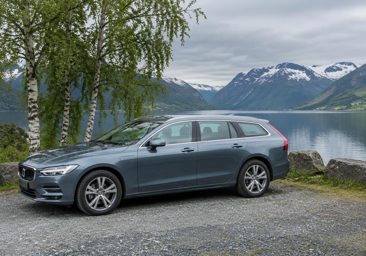 Bil parkert ved en fjord i mykt dagslys
